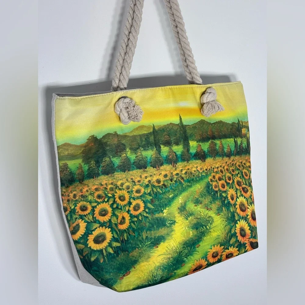 NWOT Sunflower Field Canvas Rope Handle Tote Bag Medium Size 12x17x5 - Picture 2 of 6